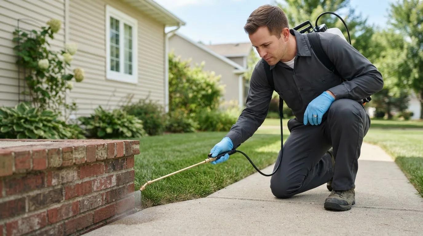 Pest control technician treating a home near Fox, AR